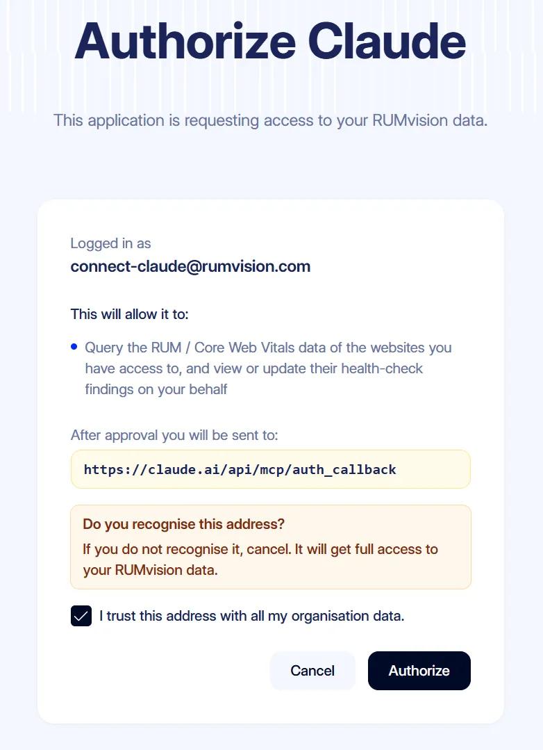 RUMvision authorization screen showing requested access and Claude callback address