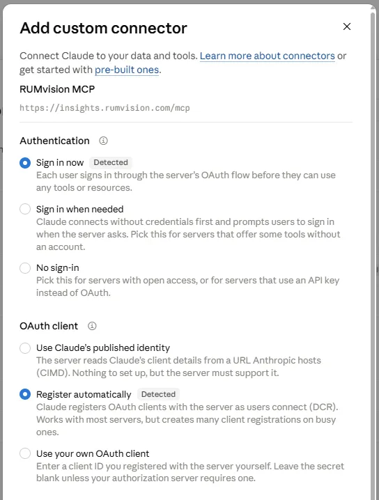 Custom connector form with the RUMvision MCP URL and OAuth options