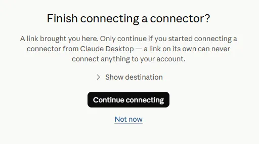 Claude Desktop confirmation with Continue connecting