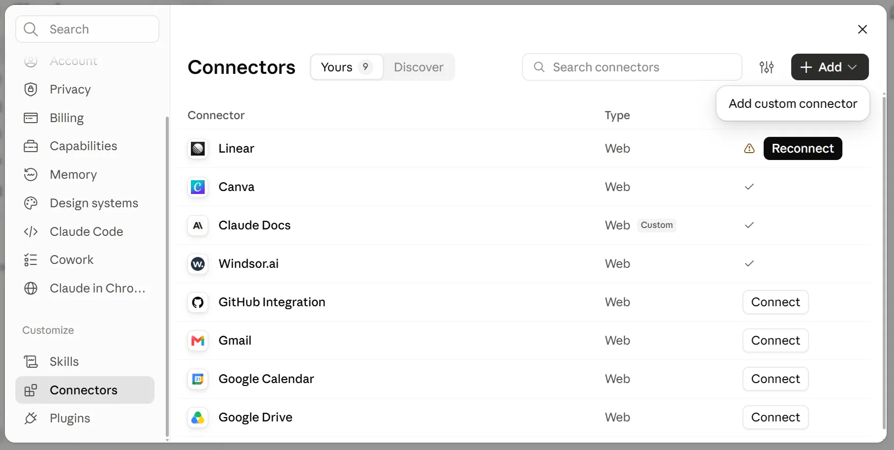 The Connectors settings page with Add custom connector selected
