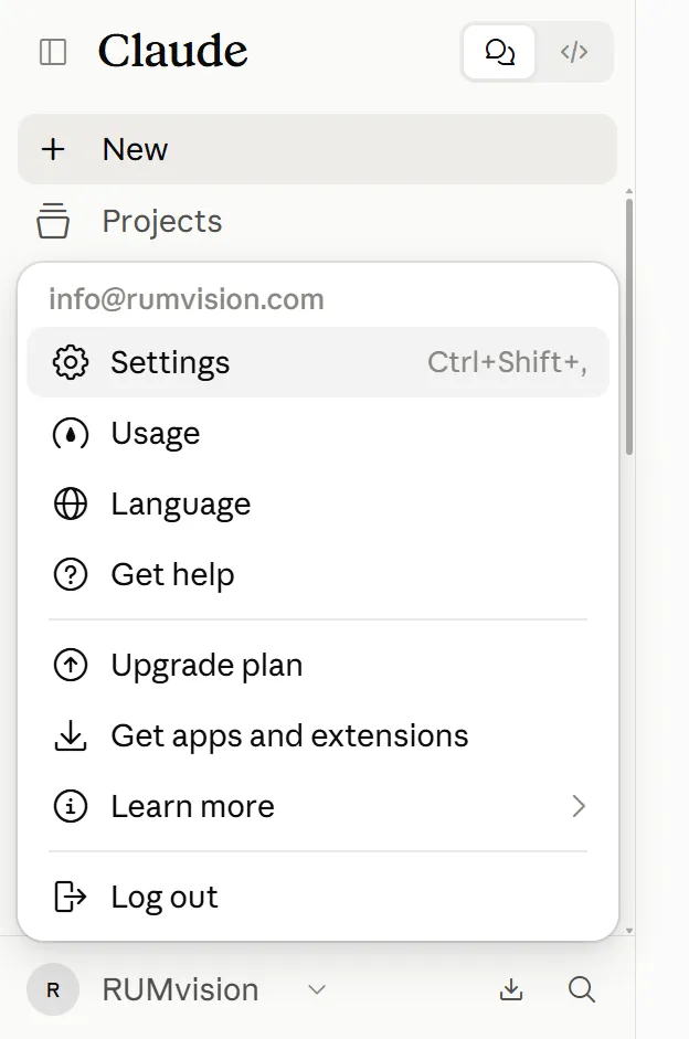 The Claude profile menu with Settings